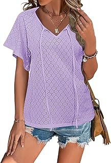Womens Casual Short Sleeve Blouse Tops Eyelet Embroidery Summer Spring Fashion Clothes 2024 - Buy now