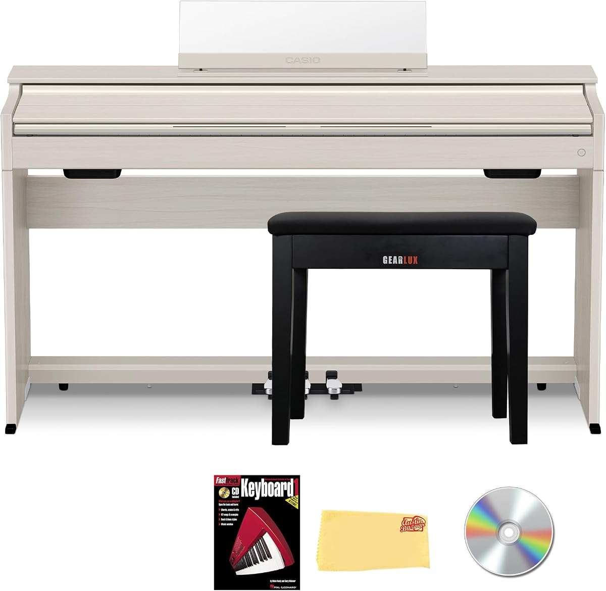 Casio AP-S200 CELVIANO Piano digital de 88 teclas - Paquete gris beige con banco, libro de instrucciones, lecciones en línea, DVD instructivo de Austin Bazaar y paño de pulido