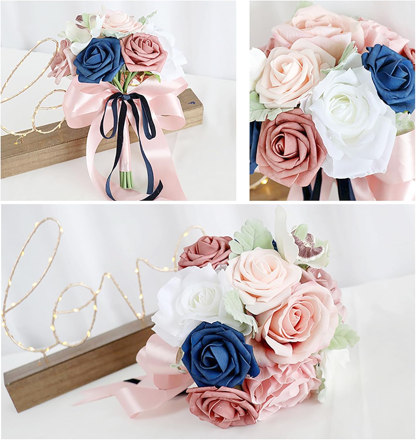 Emivery Bridesmaid Bouquet for Wedding, Dusty Rose and Navy Blue Flowers Wedding Bouquet Bridesmaid Tossing Bouquet for Wedding Ceremony Anniversary Bridal Shower Party Decoration, Pink&blue