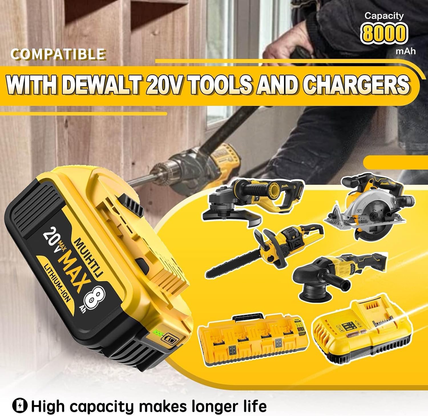 2 Packs 8.0Ah Replacement for Dewalt 20V Max Battery Compatible with Dewalt Battery DCB200 DCB201 DCB203 DCB204 DCB205 Compatible with Dewalt 20V Battery (2pc)