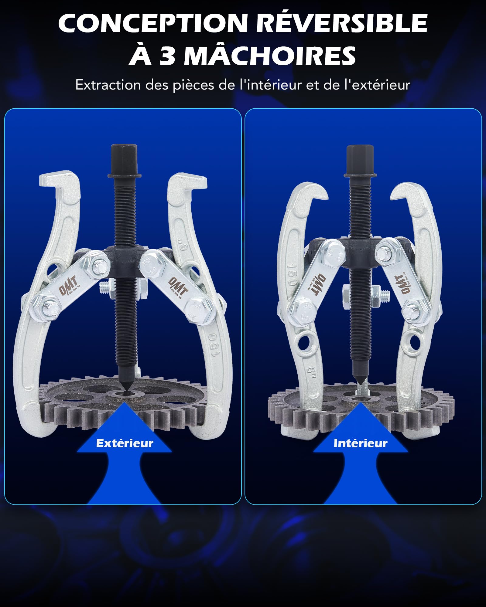 Orion Motor Tech 3 Pièces Extracteurs de Roulement à 3 Mâchoires 75mm 100mm 150mm 3 Bras Mâchoires Réversibles pour Démontage Arrache de Roulement Extérieur Intérieur