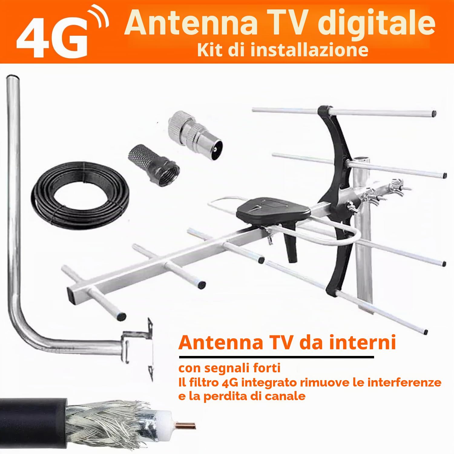 Kit di installazione antenna TV digitale 4G per esterni, antenna da tetto per Smart Freeview HD antenna TV esterna digitale + connettore coassiale maschio femmina 10 m RG6 cavo di fissaggio viti dadi