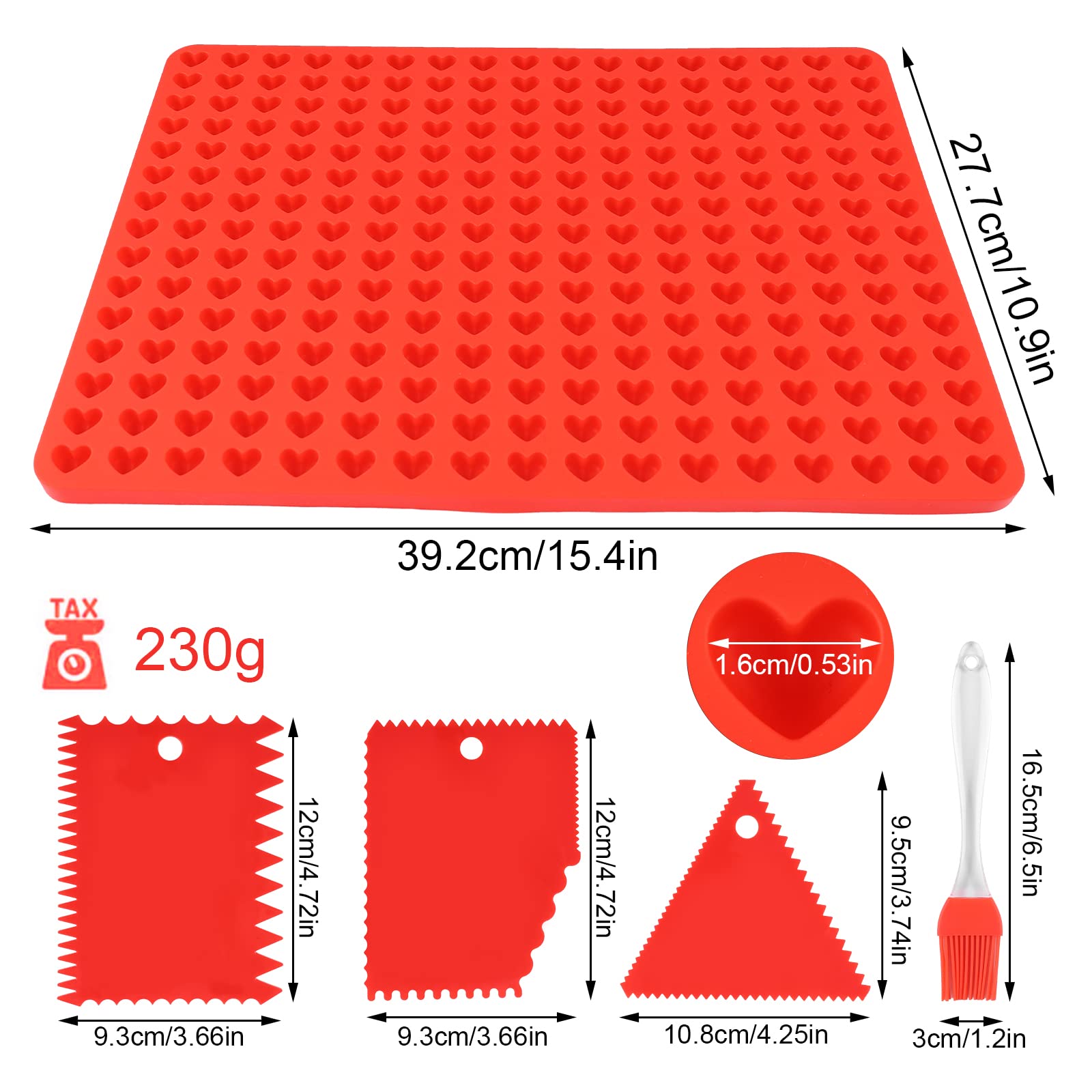 Siliconen bakmat, siliconen hondenkoekjes bakvorm, 1,5 cm hart siliconenmat met siliconen borstels, 255 bakvorm voor hondenkoekjes & hondensnoepjes, bakpapier - bakonderlegger 39,2 x 27,7 cm, rood