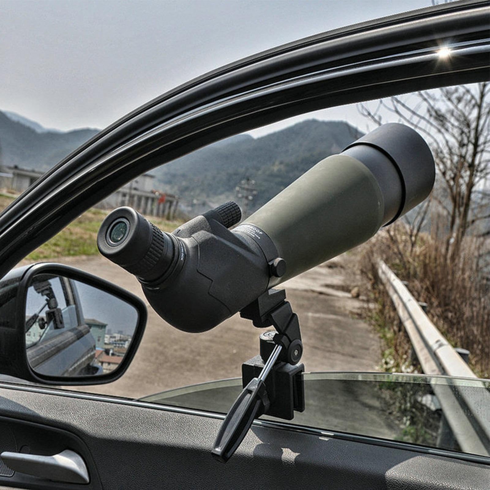 Generico Soporte para ventanas de coche – Clip 'adaptador de metal para spotting de ámbitos y cámaras | Conexión de cable de 1/4 "ajustable para ventana del vehículo, estable para telescopio, binocul
