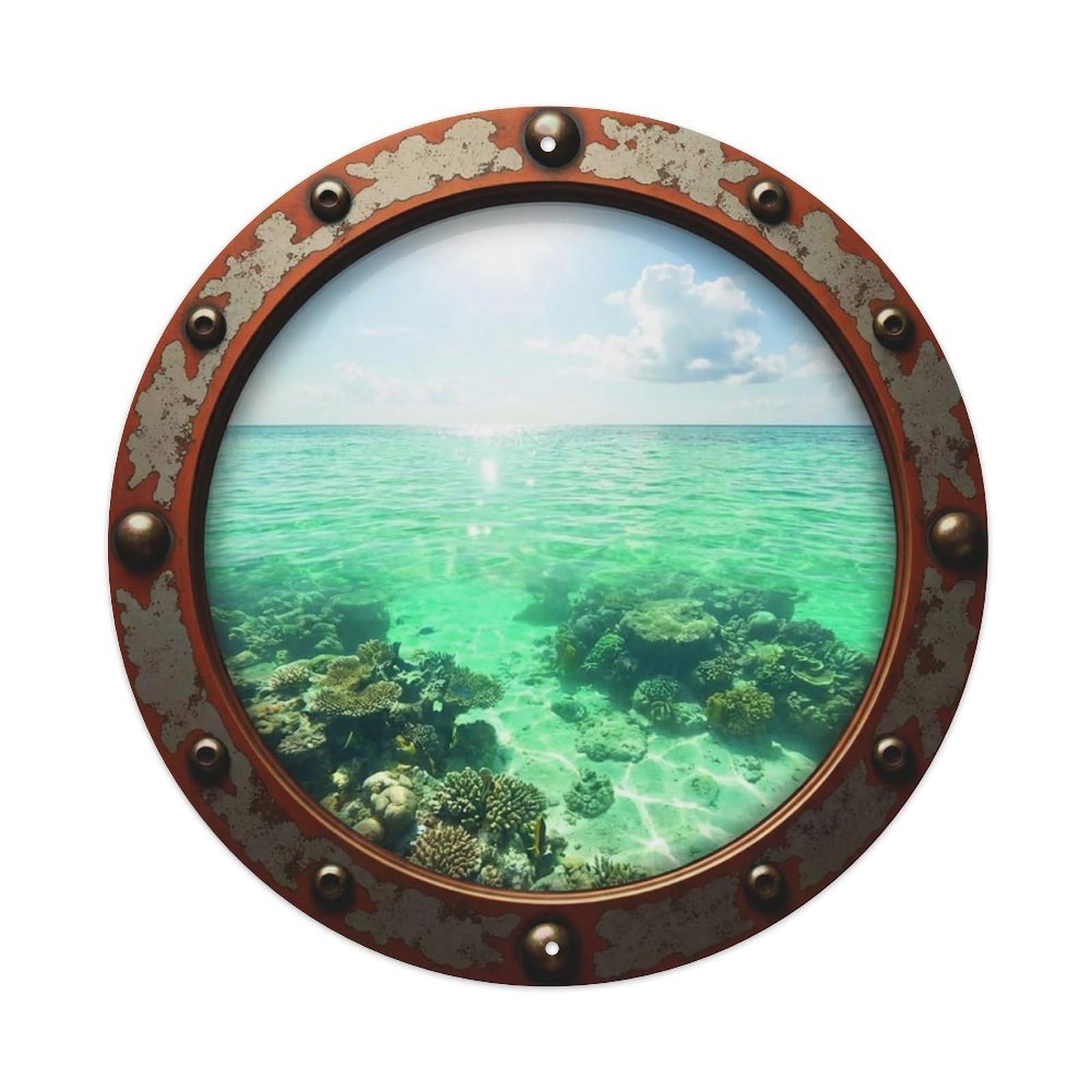 Vintage Porthole Shallow Coral Reef View Vintage Metal Tin Sign Plaque Wall Decor for Cafe, Club Bar, Office, Garden Metal Poster 8x8Inch