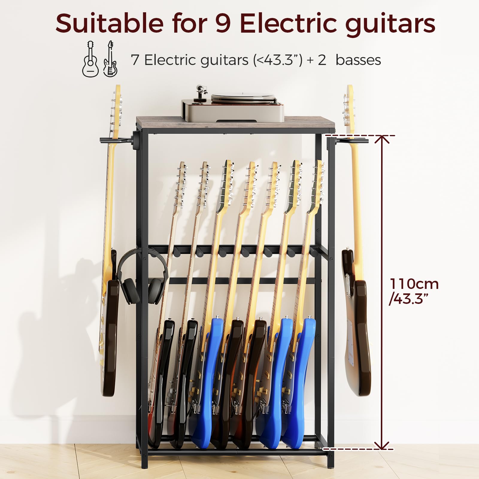 MAHANCRIS Soporte de Guitarra, Estantería para 7 Guitarras de Dos Niveles, para Guitarra Acústica, Guitarra Eléctrica, Bajo, Ukelele, Banjo, Revestimiento Protector de EVA, Gris AGSHG6701