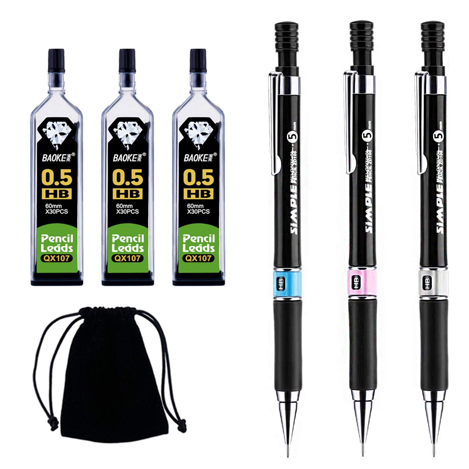Lanzn 7 PCS Mechanical Pencil Set,0.5mm Automatic Pencils Black Lead Mechanical Pencils Lead Refills HB Pencil Refills Clutch with Black Velvet Bag for Art Drawing Writing Sketching Carpenter