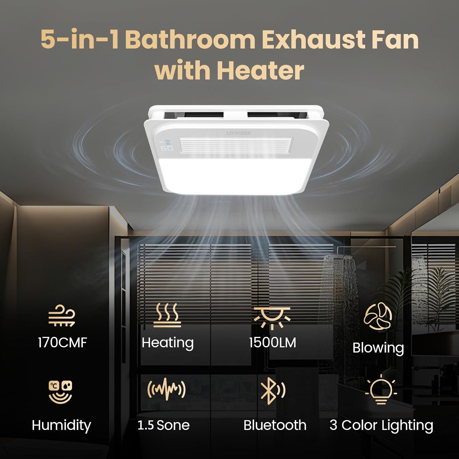 5-IN-1 Bathroom Exhaust Fan with Heater 1600W & 3CCT LED Light & Humidity Sensor, & Bluetooth Speaker, 170 CFM, 6-RGB, 1.5 Sone Quiet Ceiling Bath Fan With Remote Control for Bathroom Heating