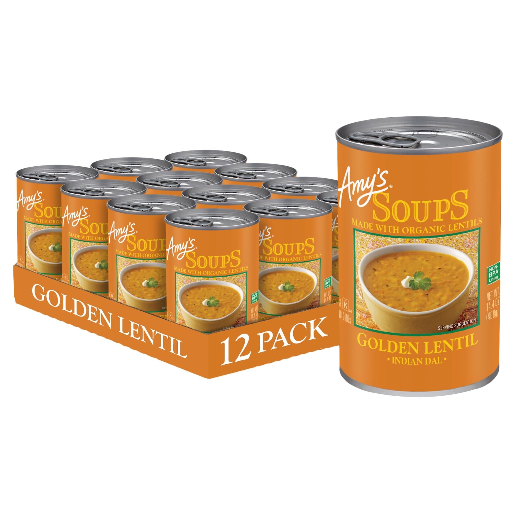 Amy's Soup, Vegan, Gluten Free, Golden Lentil, Made With Organic Ginger, Carrots and Peas, 14.4 oz (Pack of 12)