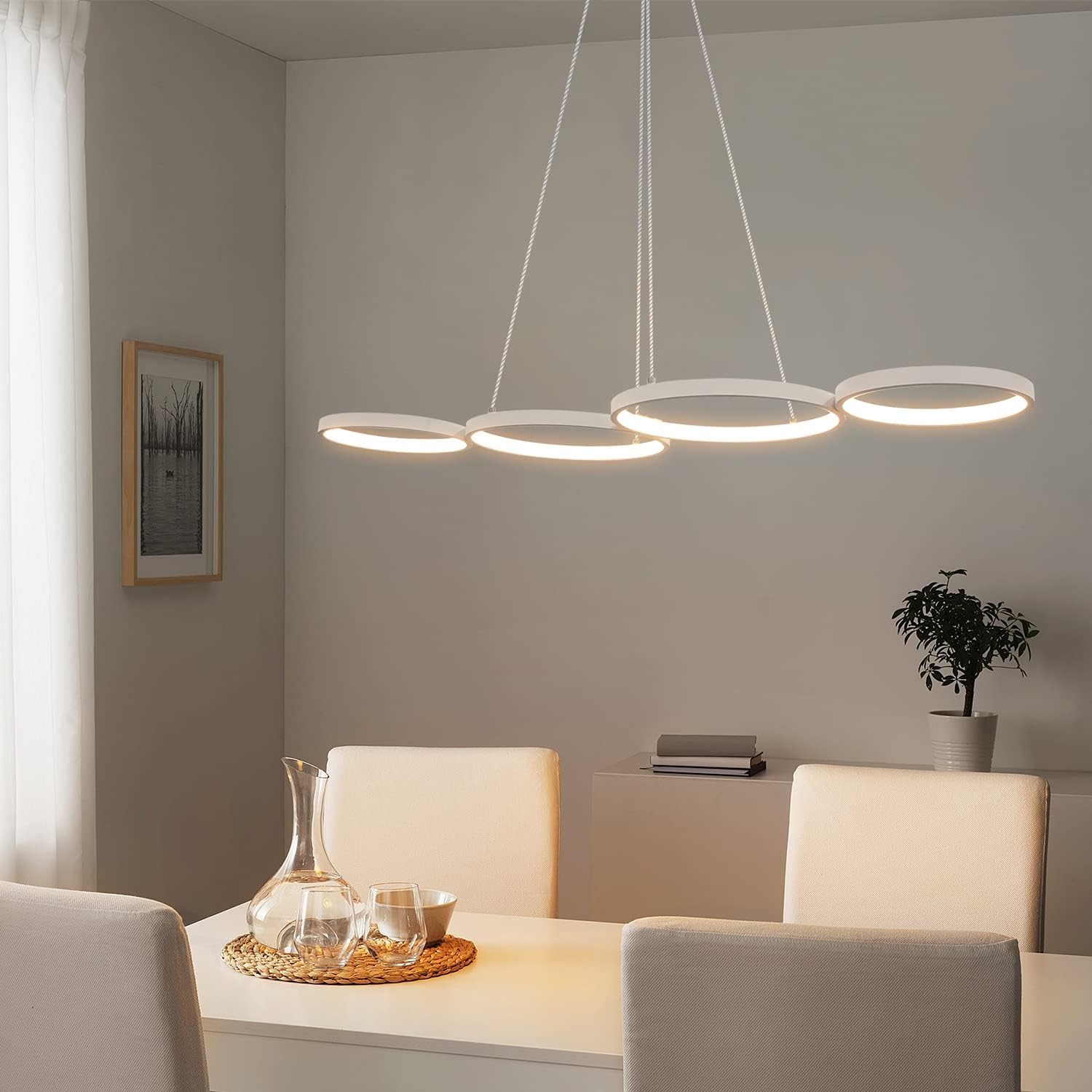 GBLY Lampa wisząca LED do jadalni, 88 cm, biała, nowoczesna, z 4 pierścieniami, ściemniana, z pilotem zdalnego sterowania, do salonu, sypialni