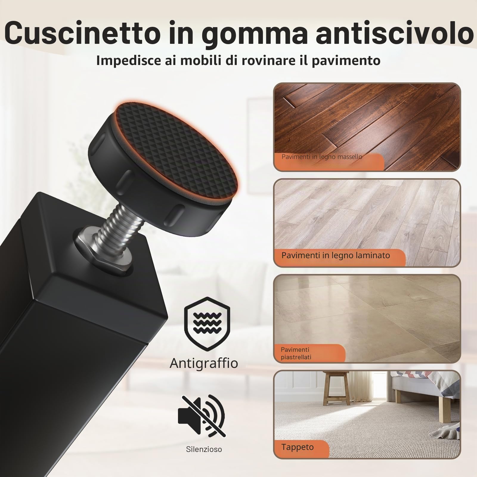4 Pz Piedi Letto 30 cm da Avvitare, Gambe Regolabili in Metallo, Piedini per Doghe con 4 Cuscinetti Antiscivolo & Cacciavite (30-32cm)