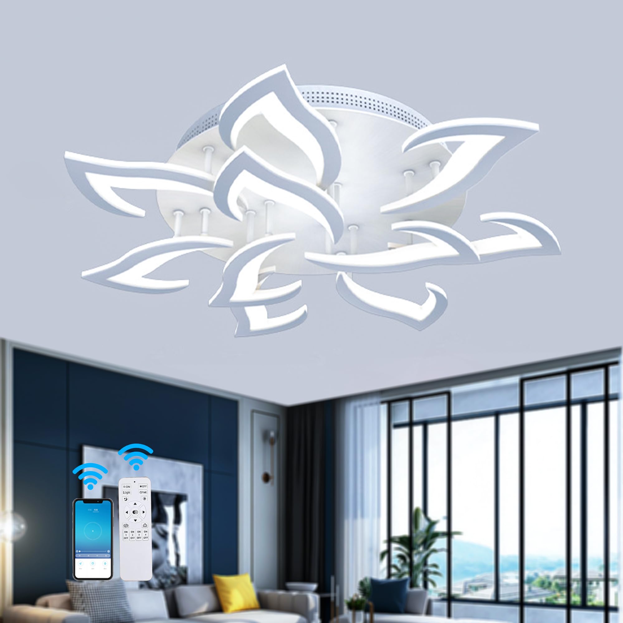 KXEcoLife Modern LED Ceiling Light 60W 6500LM Cool White 6500K, Creative Petals Design Acrylic Chandelier for Living Room, Bedroom, Dining Elegant Lighting Fixture