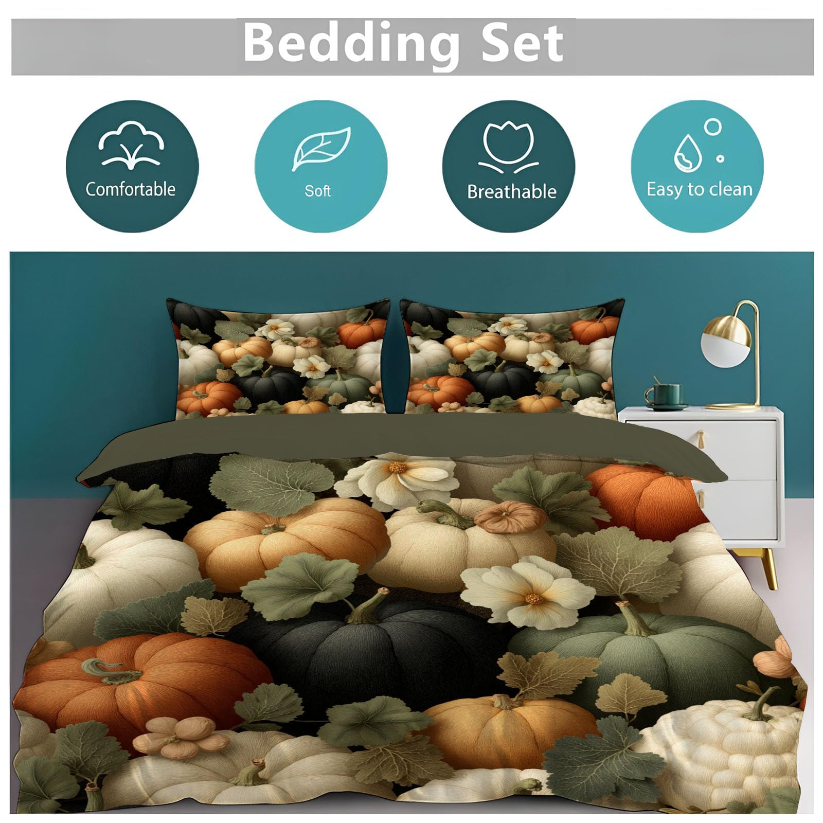Housse de Couette 200x200cm Plantes à l'aquarelle Floral Parure de lit Adulte | 2 Personnes Fleurs et feuilles blanches citrouille en Microfibre Linge de lit avec Fermeture Éclair et 2 Taie d'oreiller