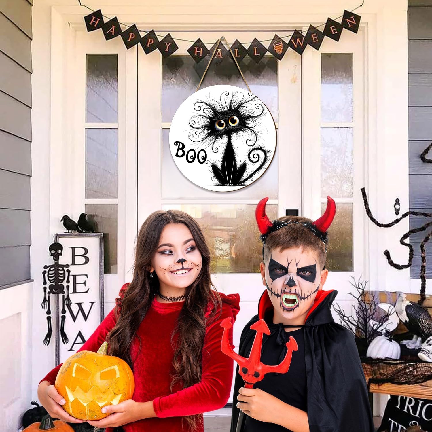 Halloween Black Cat BOO Door Sign Decorations Curly Cat Round Wooden Wreath