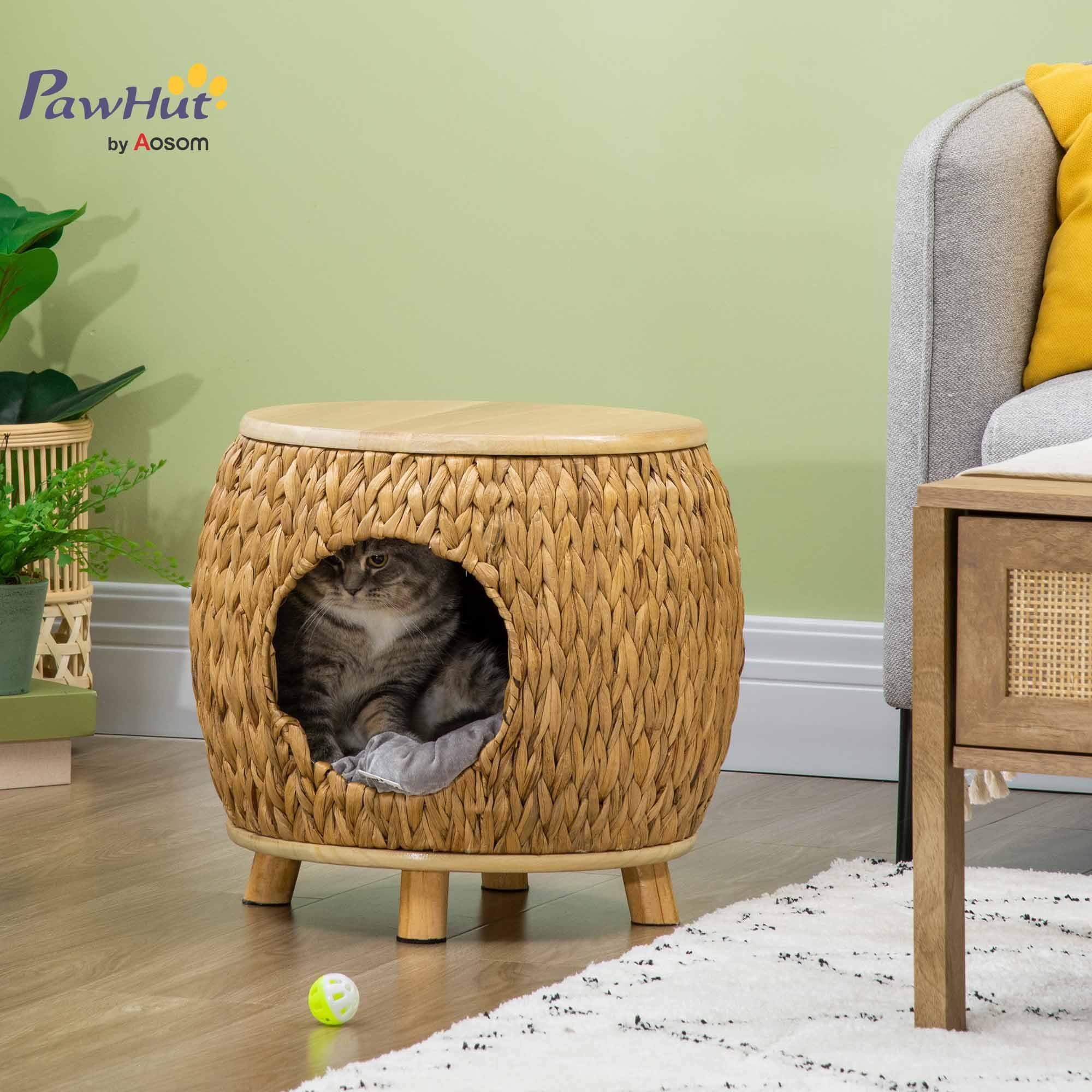 Pawhut grotta per gatti in rattan design 2 in 1 cesto per gatti con cuscino letto per gatti rifugio per gatti letto per animali domestici giacinto d'acqua erba paulownia legno marrone chiaro+grigio 44