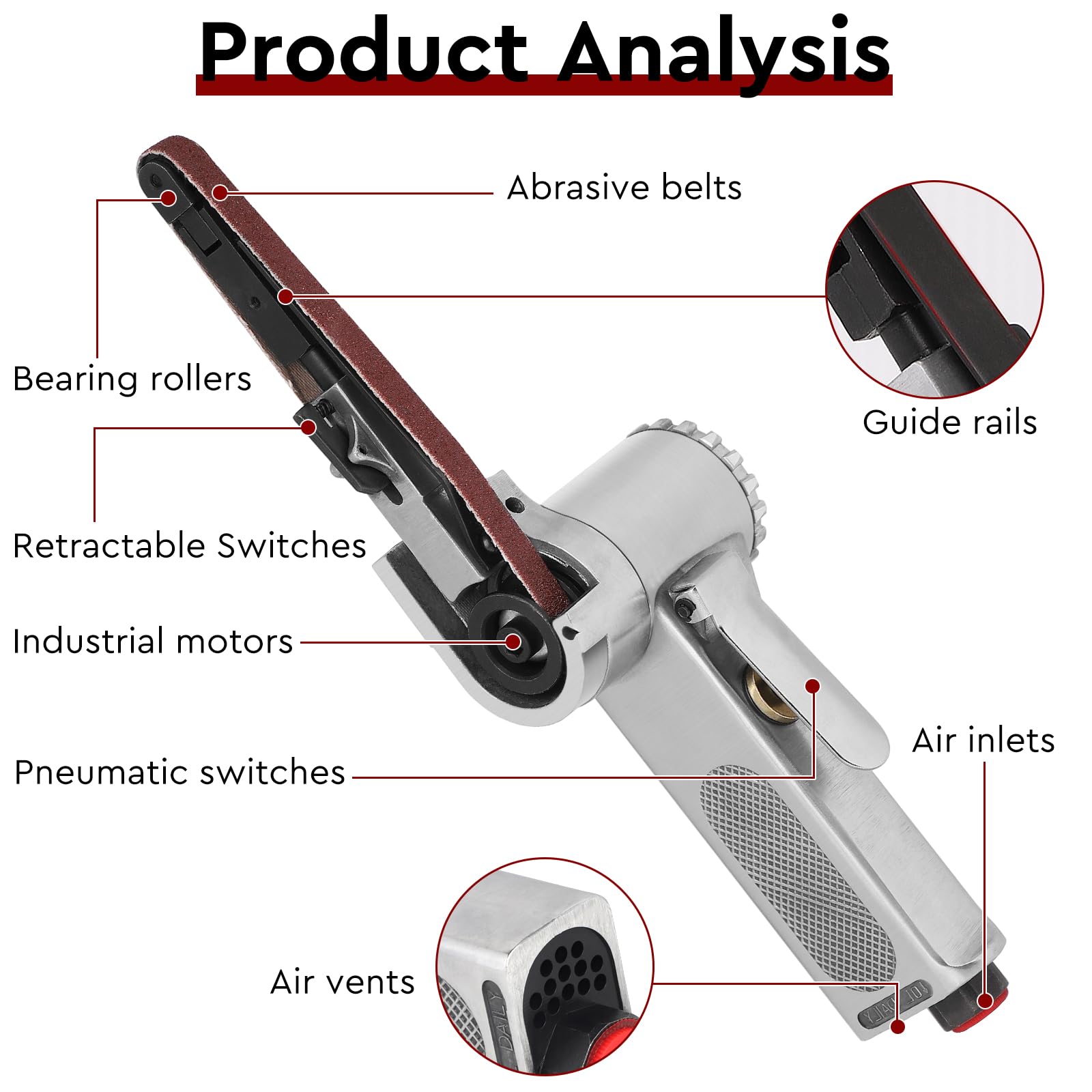 EFUTURETIME Levigatrice a Nastro Pneumatica 16000 Giri/Min, 33cm Smerigliatrice a Nastro Portatile di Angolo Regolabile con 25 Nastri Abrasivi 10mm (G60 x 7, G80 x 6, G100 x 6, G120 x 6)