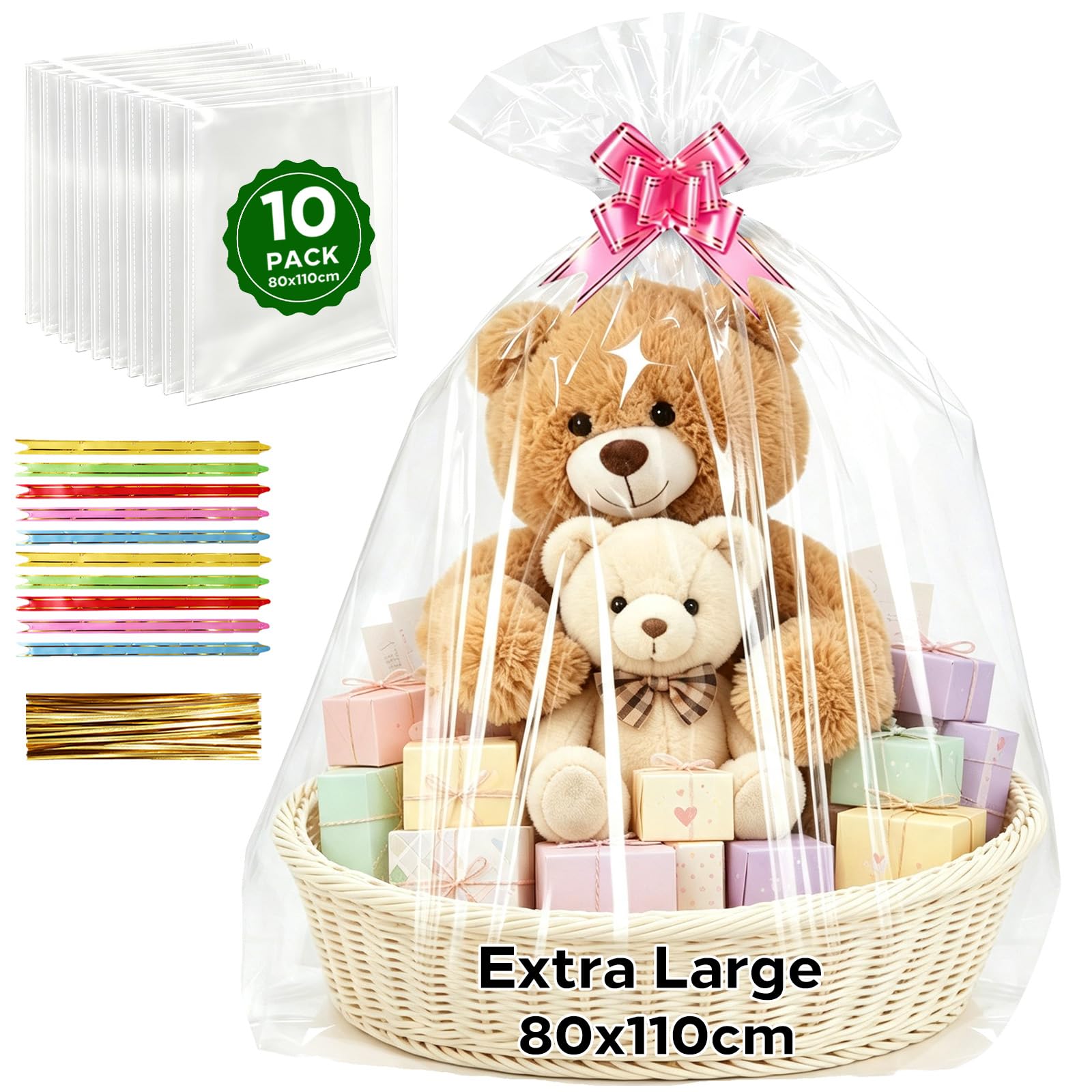 RITOLLO 10 Pack Extra Large Cellophane Bags 80 x 110 cm, Extra Thick 3 MIL, with Pull Bows & Twist Ties, Clear Hamper Basket Gift Wrap Bags, Food Safe OPP for Large Presents & Packaging