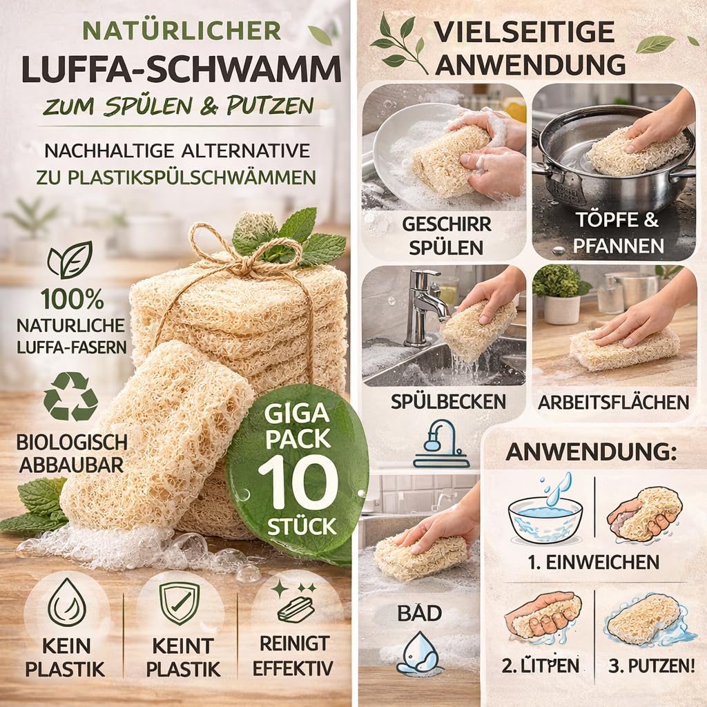 Naturalna gąbka do mycia naczyń z luffa – biodegradowalna, opakowanie 10 szt. – naturalne gąbki luffa – gąbki kuchenne wielokrotnego użytku do naczyń i powierzchni – przyjazne dla środowiska