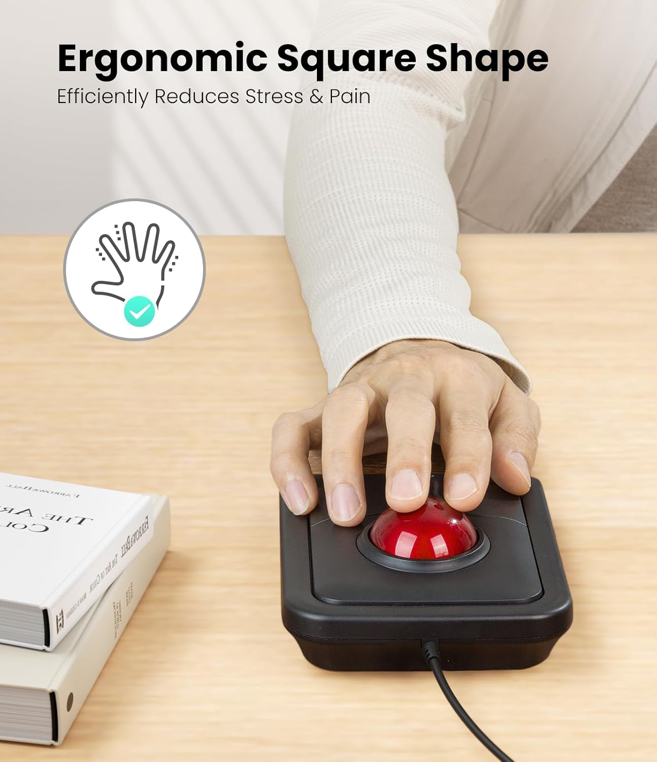 Hand resting on the Nulea M511 Pro Trackball Mouse, demonstrating ergonomic use