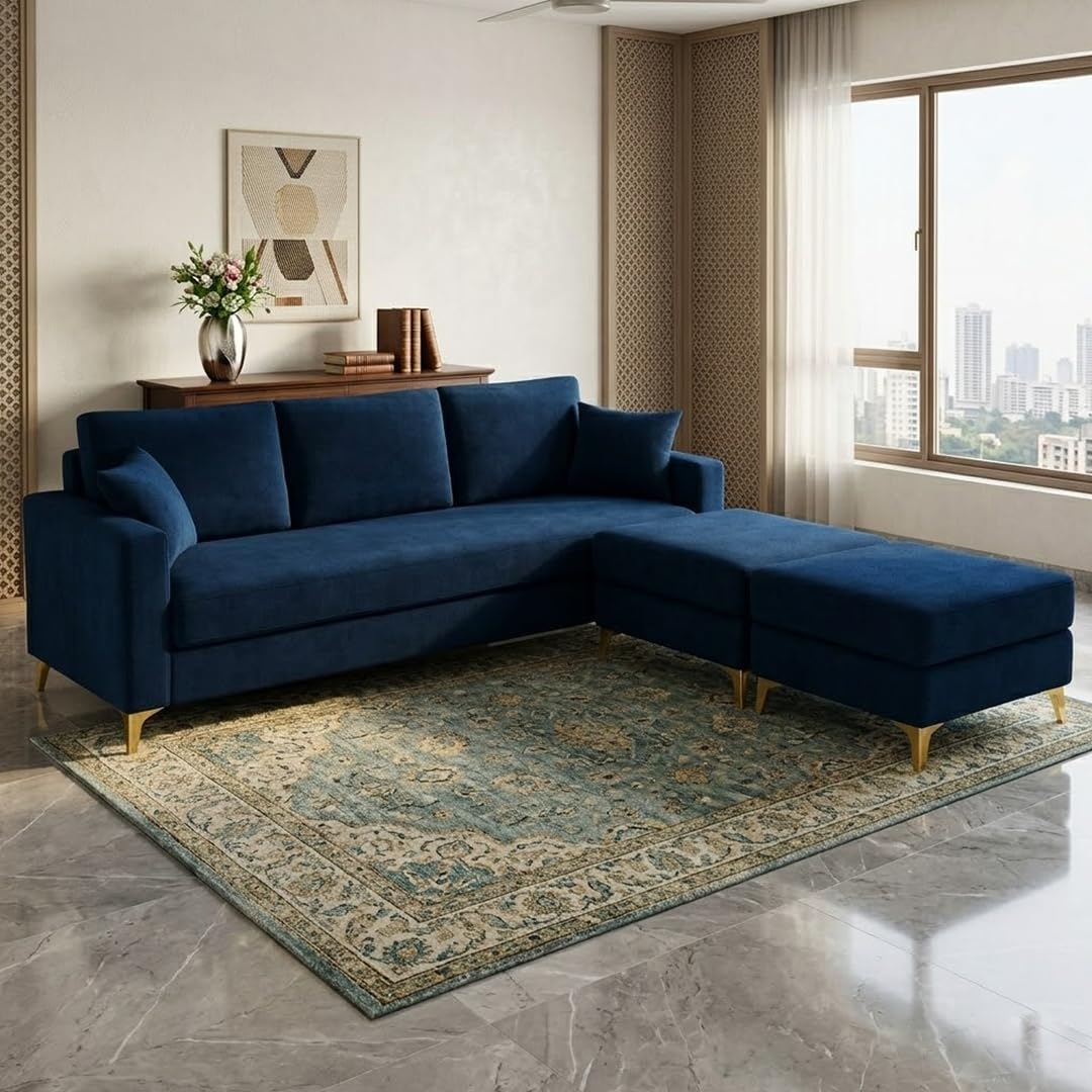 Bravelle 3 Seater Modular Sofa Set with 2 Ottoman | Soft Velvet Suede Fabric | Modern Design | Plush Comfort Cushions for Living Room (Dark Blue)-image-16