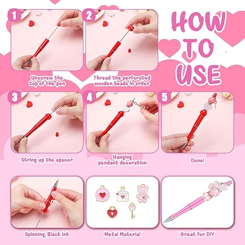 Miniatura 3 de El juego de bolígrafos clásicos con cuentas para el día de San Valentín, incluye 20 bolígrafos de cuentas de plástico, 100 cuentas de madera