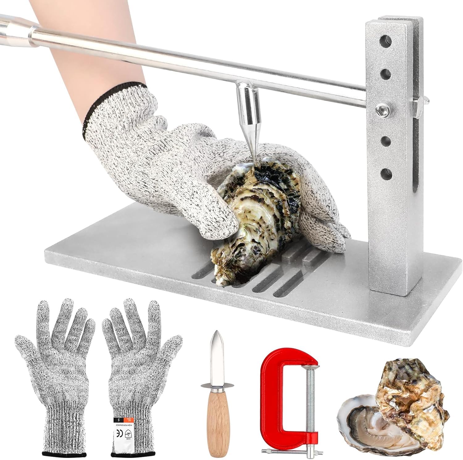 Oyster Shucker Tool Oyster Clam Opener Machine with 5 Adjustable Height, Stainless Steel Shucker Machine Tool Set Including Knife, Glove & G-Clip for Hotel Buffet and Home