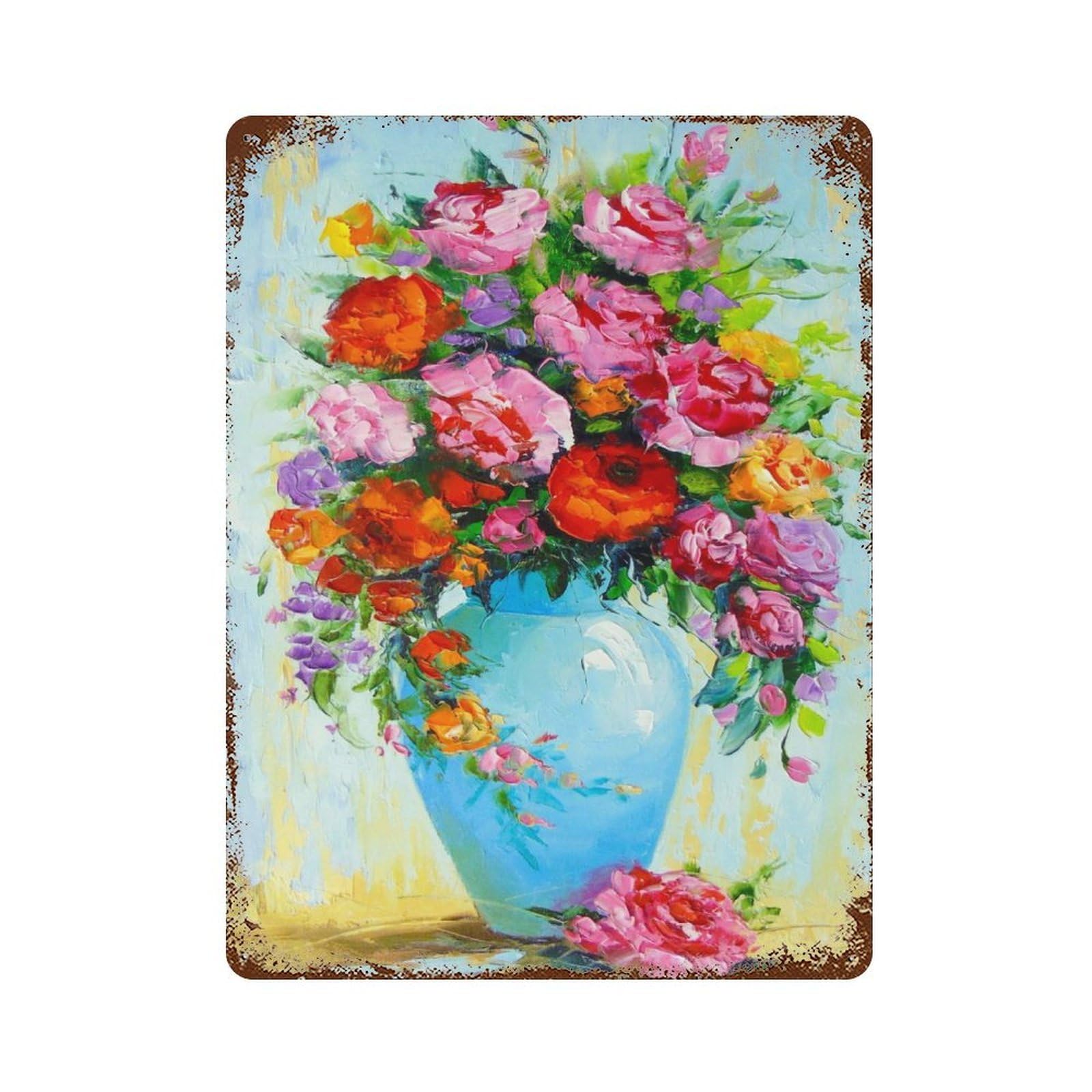 Retro Metal Sign with Bouquet of Roses in A Vase Design 15.7"x11.8", for Living Room, Hallway And Home Decor, Farmhouse Wall Decor