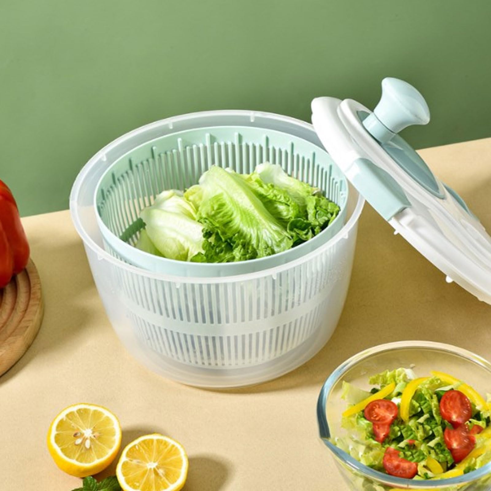 Salad Spinner Lettuce Dryer, 5L Multifunctional Lettuce Spinner Vegetable Dryer Fruit Washer with Lid Drain Bowl Colander for for Greens, Herb, Berry, Fruits,Blue