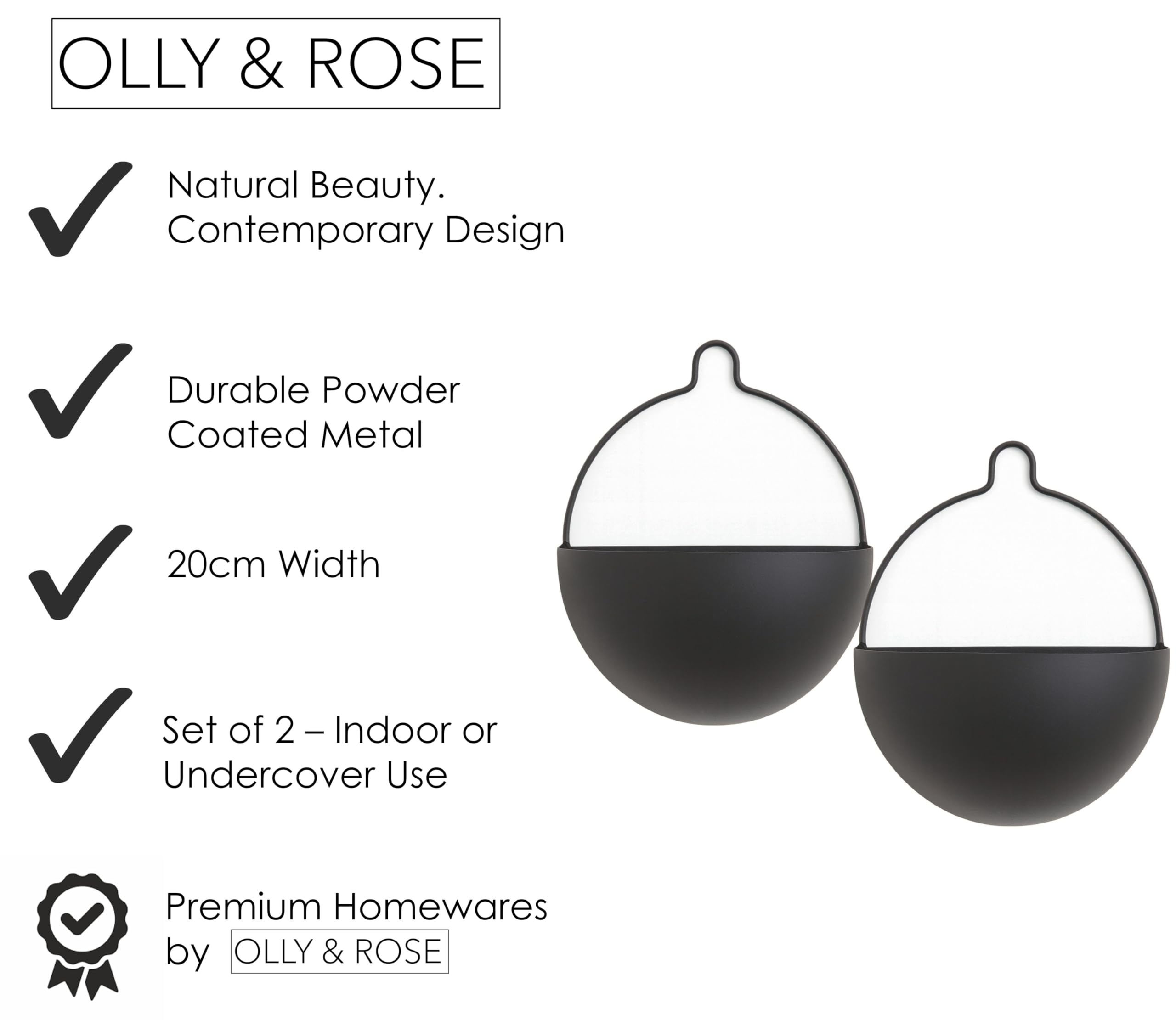 Olly & Rose Set mit 2 Metall-Wand-Pflanzgefäßen – 25 cm breit, zeitgenössische hängende Pflanzgefäße – mattschwarze Wand-Pflanzgefäße mit Aufhängern – Innenwanddekoration für Zuhause