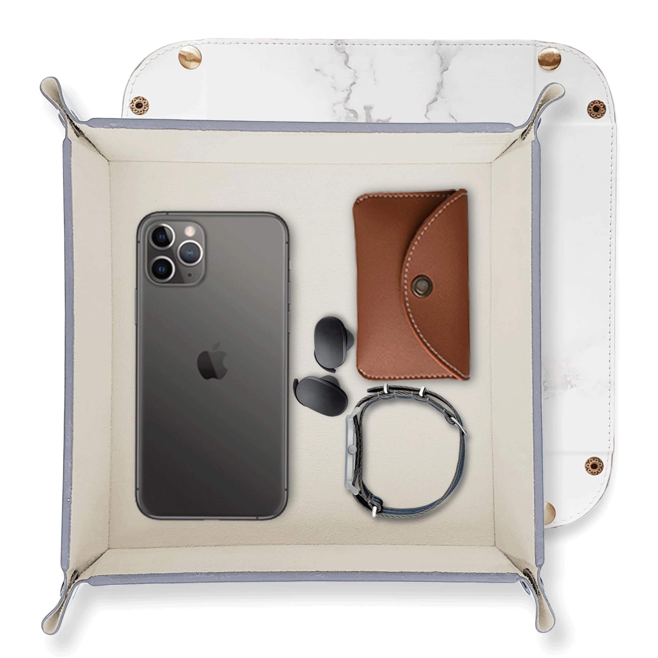 Leather Valet Tray Organizer for Men and Women - Home and Office, Desk and Bedside Catchall holder for Wallets, Jewelry, Watches, Keys, Mobile, Cosmetics, TV Remote (Marble)