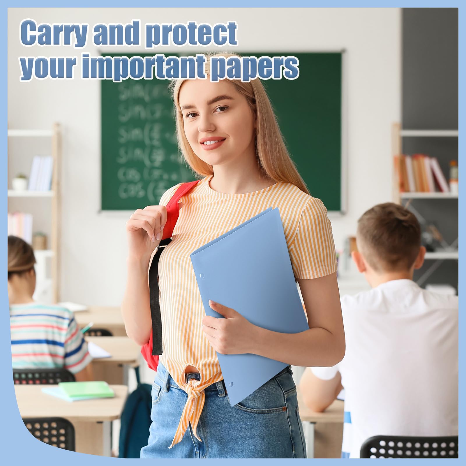 Yeaqee 100 cartelle in plastica con tasche, 3 fori, 2 tasche, per raccoglitori a 3 anelli, divisori per notebook, in poliestere resistente, per ufficio e casa (blu foschia)