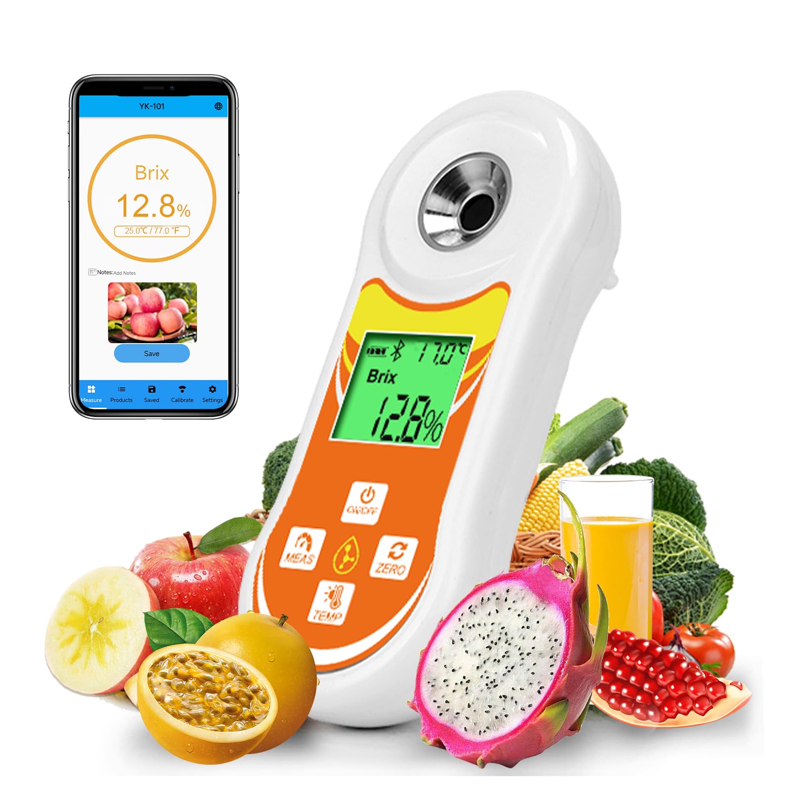 Refractómetro Inteligente Brix, Probador Digital YINMIK Brix (0-60%), Medidor de Temp de Azúcar con ATC, Medidor Portátil Brix para Frutas, Café, Jarabe de Arce, Jugos, Alimentos y Vegetales