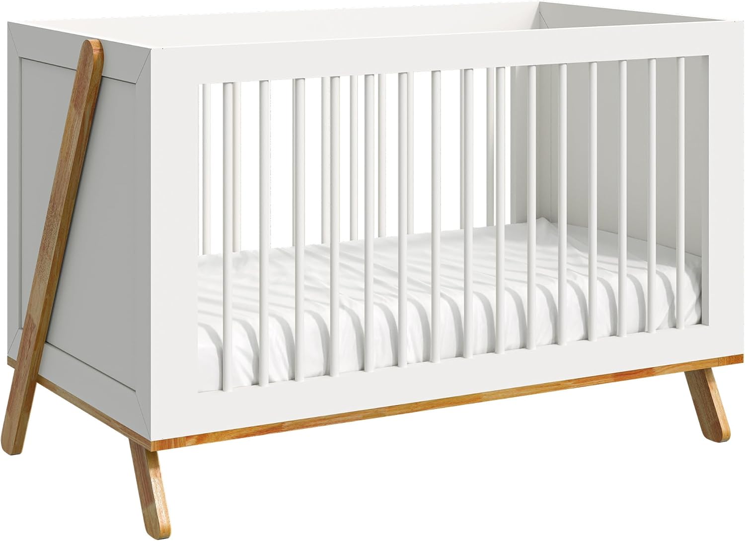 5-in-1 Convertible Crib, GREENGUARD Gold Certified, White Crib with Toddler Bed Desk Sofa Conversion Kit, Made of Durable Rubberwood, DIY Design Allowed, Wooden Baby Bed, White