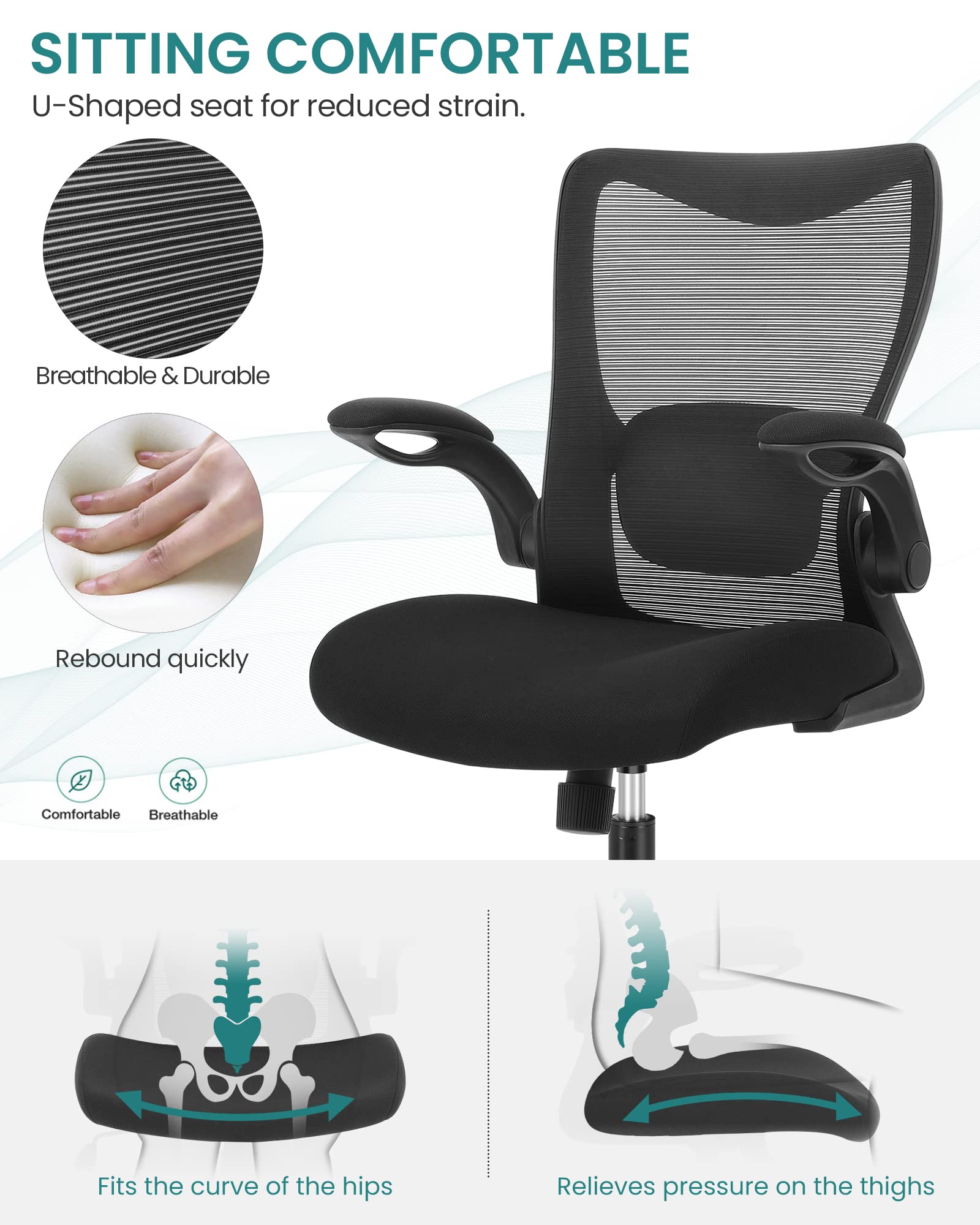 Office Chair, Mid Back Desk Chair with Breathable Mesh, Ergonomic Task Chair with Adjustable Lumbar Support, Swivel Computer Chair with Flip-up Armrest, for Home Office