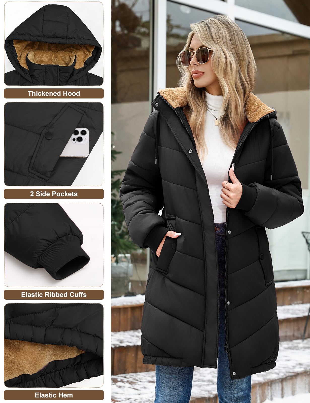 Giacca Donna Lungo Invernale Cappotto con Cappuccio Caldo Parka Autunno Invernali Giubbino Imbottito Giubbotto Elegante Casual Giacca Pile Outwear con Tasche