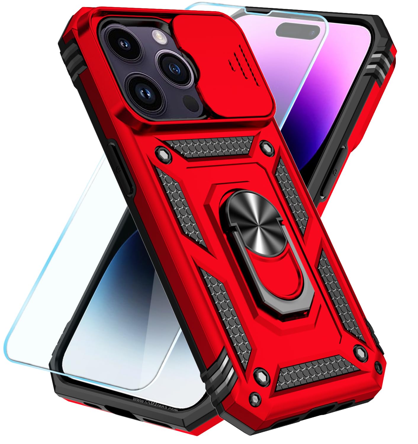 SunStory Compatible with iPhone 14 Pro Max Case with HD Screen Protector & Slide Camera Cover & Rotated Ring Kickstand, [Military-Grade] Phone Case for iPhone 14 Pro Max (Red)