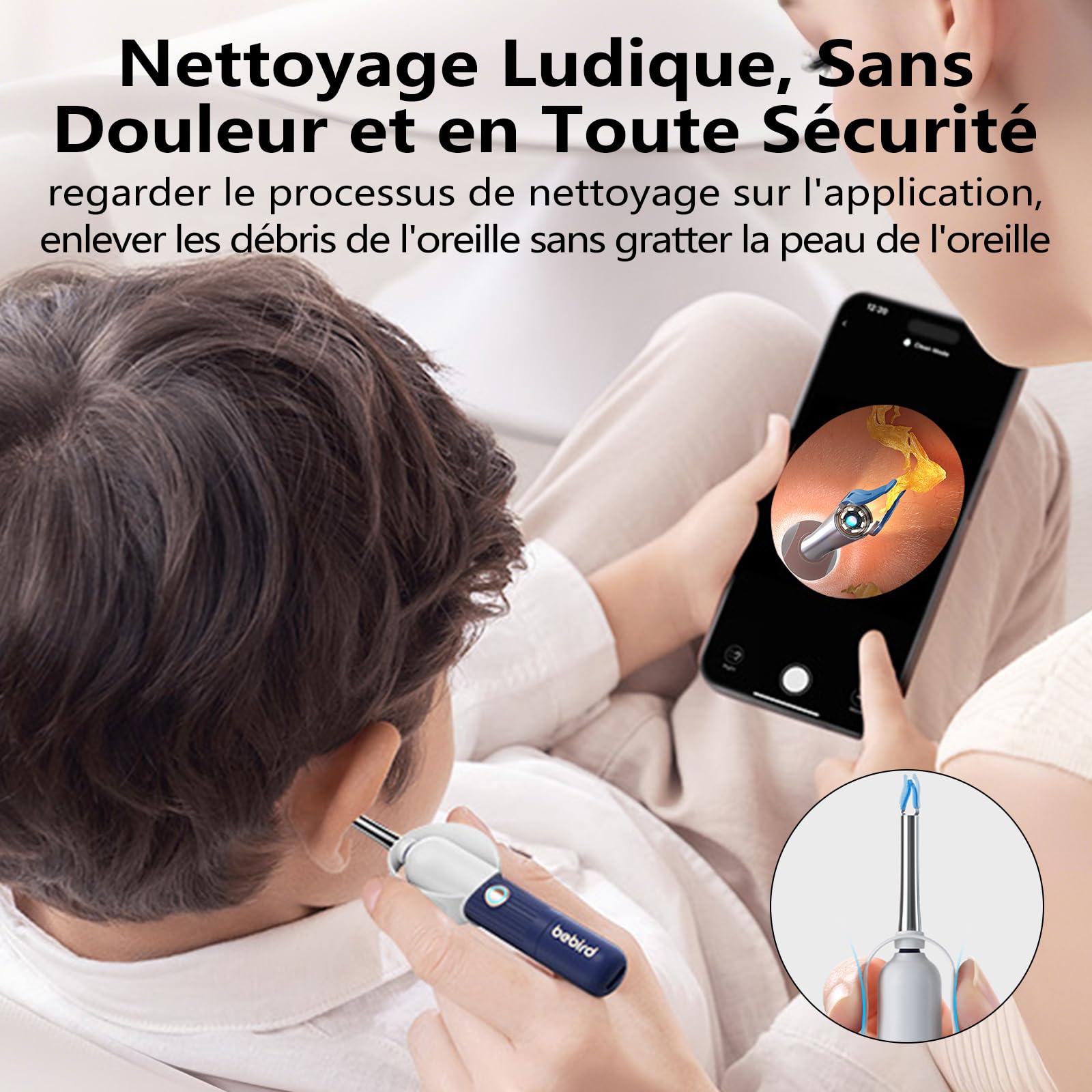 Otoscope Sans Fil Flexible, Kit de Nettoyage D'oreilles Portable Pour Adultes/Enfants (Bleu givré, I35R-FR)
