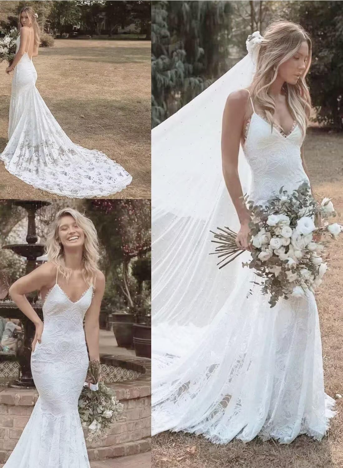 Women's Lace Wedding Dresses for Bride Mermaid Long Sleeve A-line Off Shoulder Boho Beach Bridal Gown