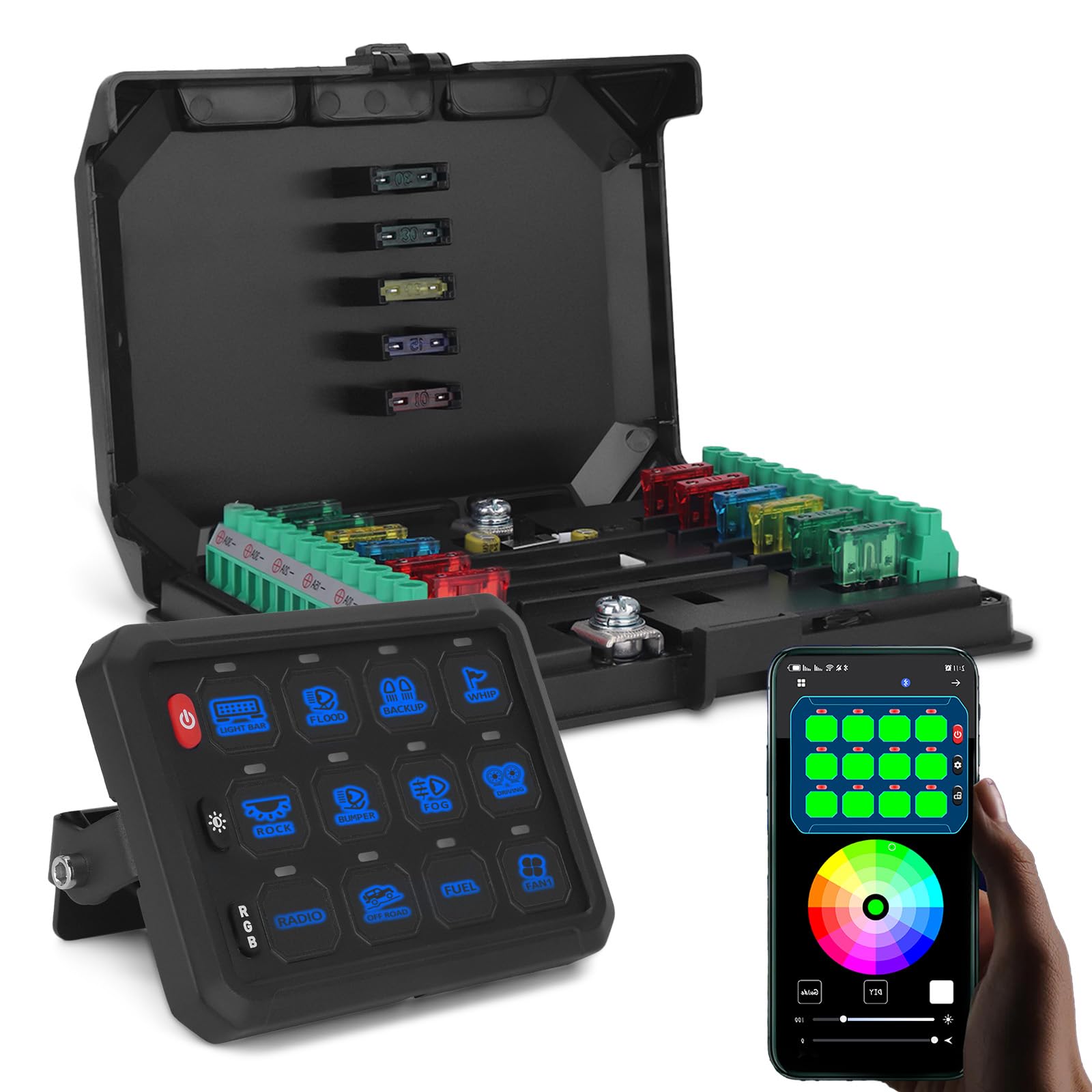 Chelhead 12 Gang Schalterpanel mit APP-Steuerung RGB 80A Multifunktions Hintergrundbeleuchtung Dimmbares Bluetooth Fernschalterpanel Wasserdicht Universal Kompatibel mit 12 V/24 V LKW Boot SUV RV