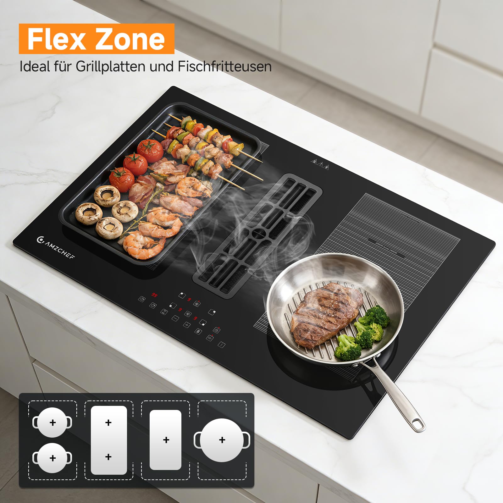 AMZCHEF Induktionskochfeld mit Integriertem Dunstabzug, 4 Kochzonen, 7200W Gesamtleistung, 650m³/h Automatische Hob2Hood-Belüftung, 9 Leistungsstufen, Timer & Kindersicherung, Boost & Flexzonen