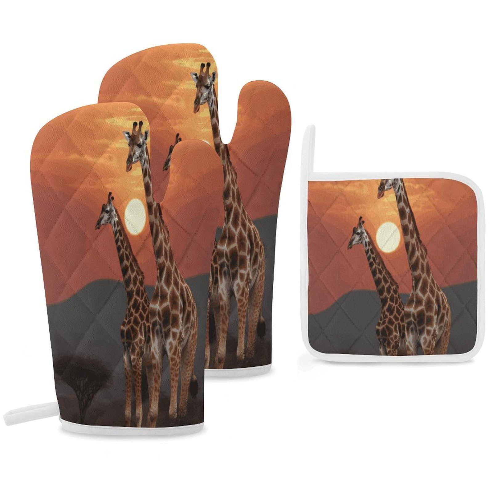 Fekiloot Style Giraffe At Sunset Oven Mitts Funny Heat Resistant,Oven Glove With Hanging Loop,Resistant Hot Pads For Kitchen Baking Grilling Cooking