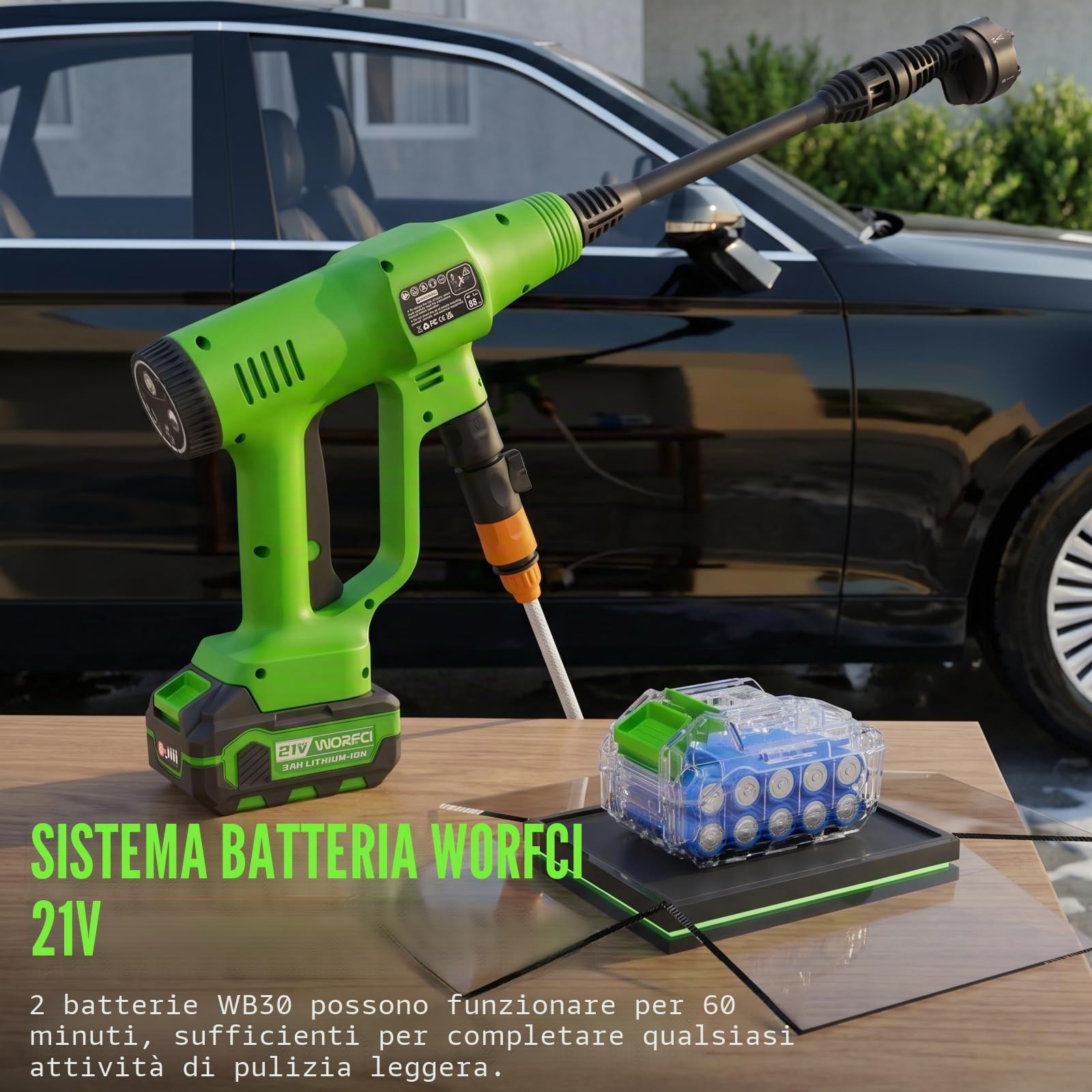 Idropulitrice senza fili da 21 V, rondella portatile a batteria 6 in 1 con 2 batterie e caricabatterie, tubo intrecciato da 6,5 m per la pulizia di auto/patio