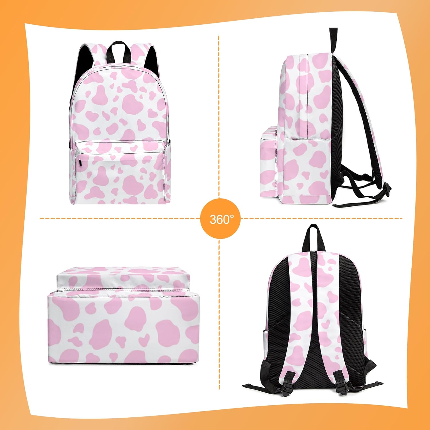 3PCS Backpack for Boys Girls Back To School, Kids Backpack for Teens Elementary Middle High School Students, Large Capacity 17 Inch Bookbags with Lunch Box and Pencil Case (Cow)