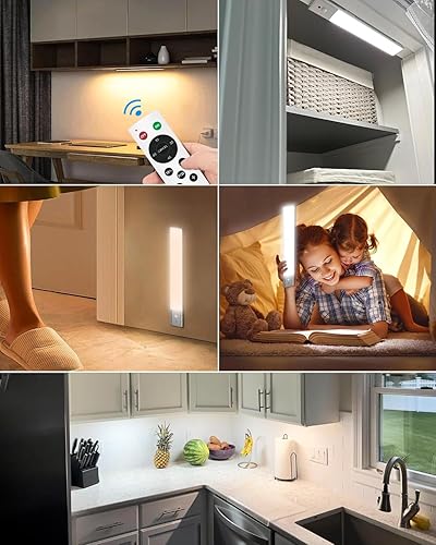 Miniatura 8 de Paquete de 3 luces inalámbricas para debajo del gabinete, 64 luces LED regulables con sensor de movimiento con control remoto, luces recargables