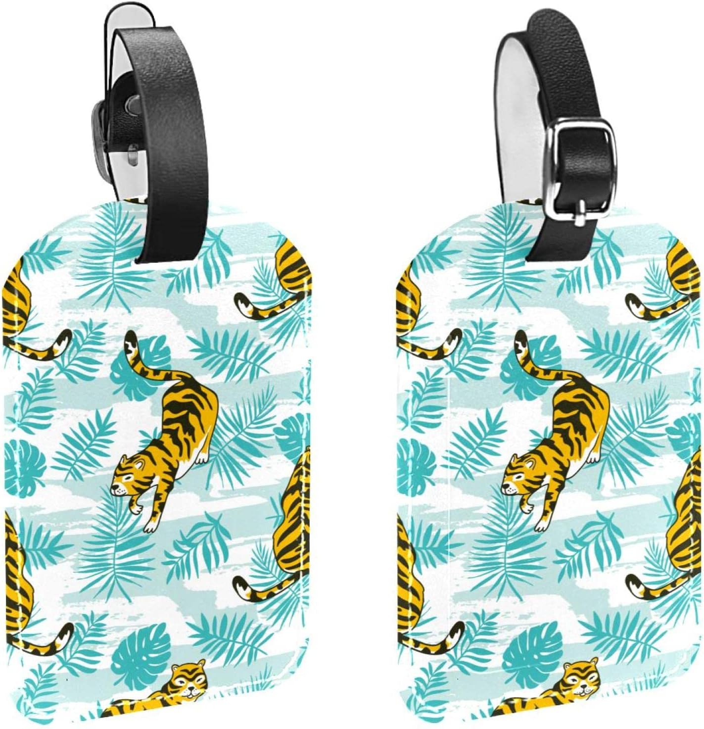 Luggage Tags, 2 Pack PU Leather Luggage Tags Privacy Protection Tiger　Leaf　King