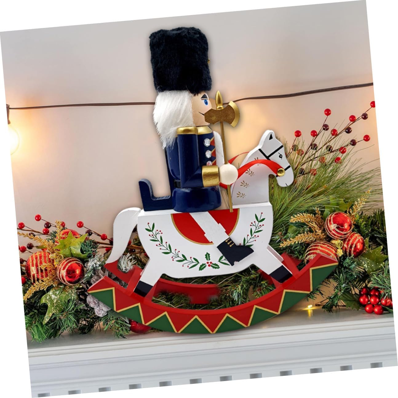 GARVALON Wooden Christmas Nutcracker Soldier Figurine Rocking Horse Large Tabletop Holiday Decoration for Home Seasonal Festive Display