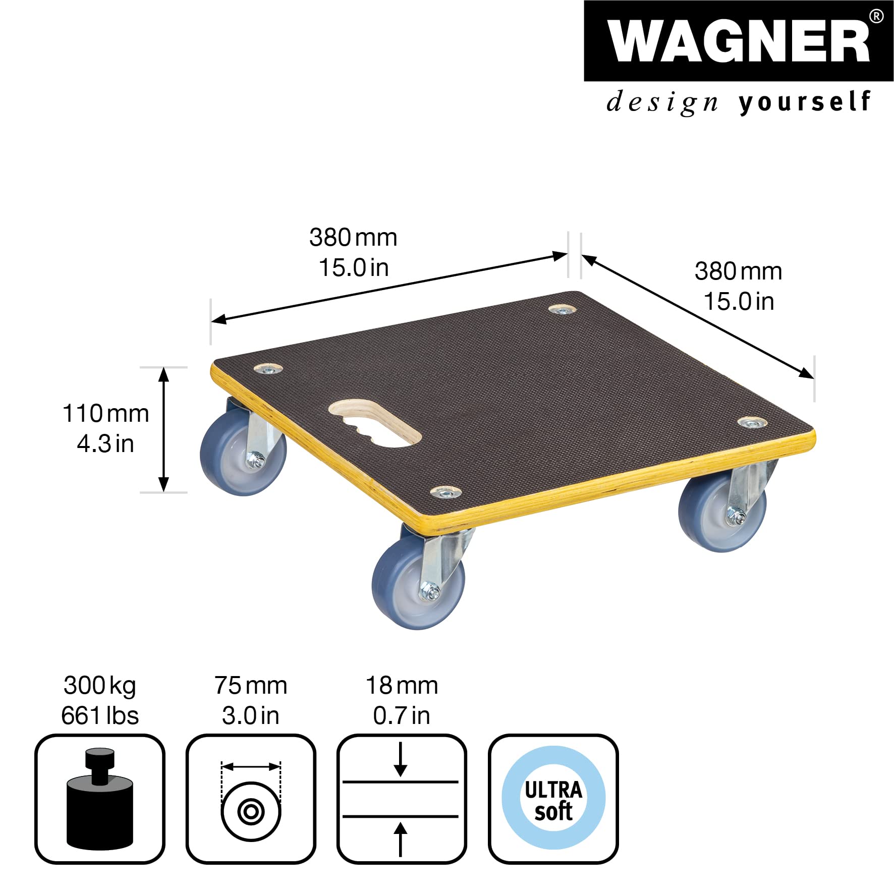 WAGNER Transportroller Transporthilfe 1340 I Schichtholz mit Grip I 38 x 38 x 11 cm, Tragkraft 300 kg I Möbelroller für Umzug I Rollbrett Softrollen I Schwerlastrollbrett Tragegriff I FSC®I Made in DE