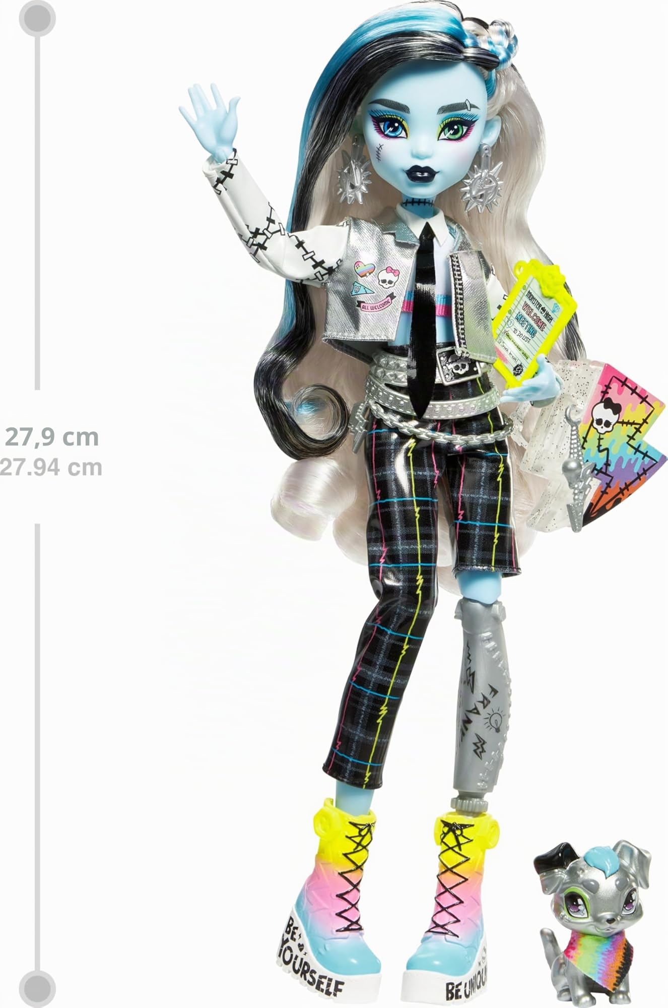 Monster High Frankie Stein Poupée Welcome Committee avec 15 Accessoires, y Compris Affiche, Autocollant, Pet Watzit et Plus Encore (exclusivité Amazon)