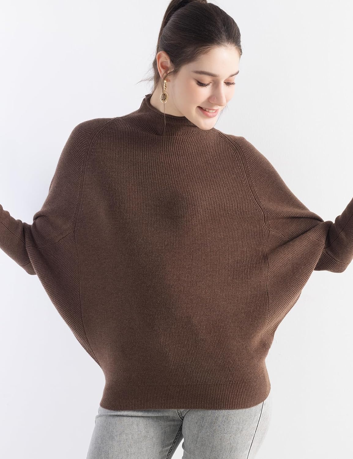 Women's Merino Wool Blend Oversized Sweater 2025 Fall Winter Fashion Mock Neck Batwing Sleeve Knitted Pullover - Image 2