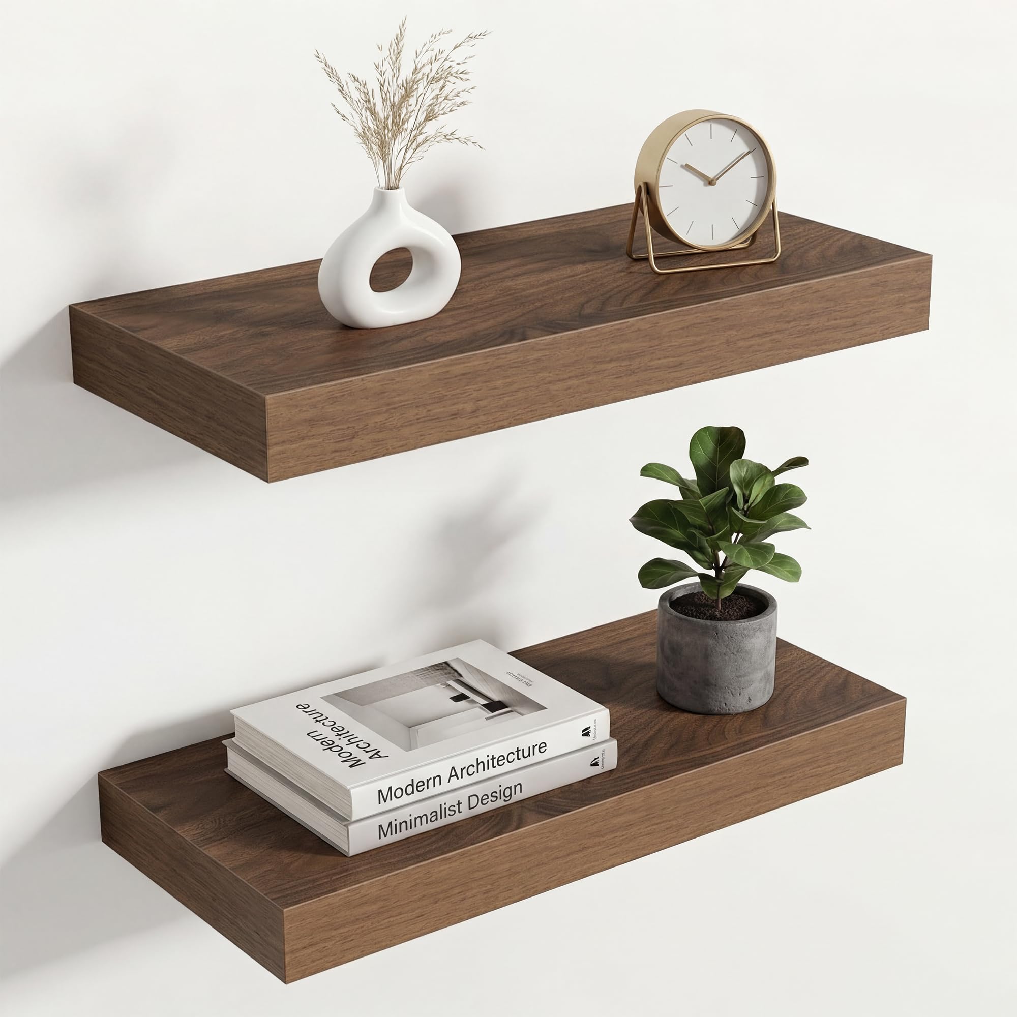 Acovy Floating Shelves for Wall, Extra Thick 40cm Long Wooden Wall Mounted Shelf, Wall Shelves for Living Room Bathroom Bedroom Kitchen, Walnut, Set of 2